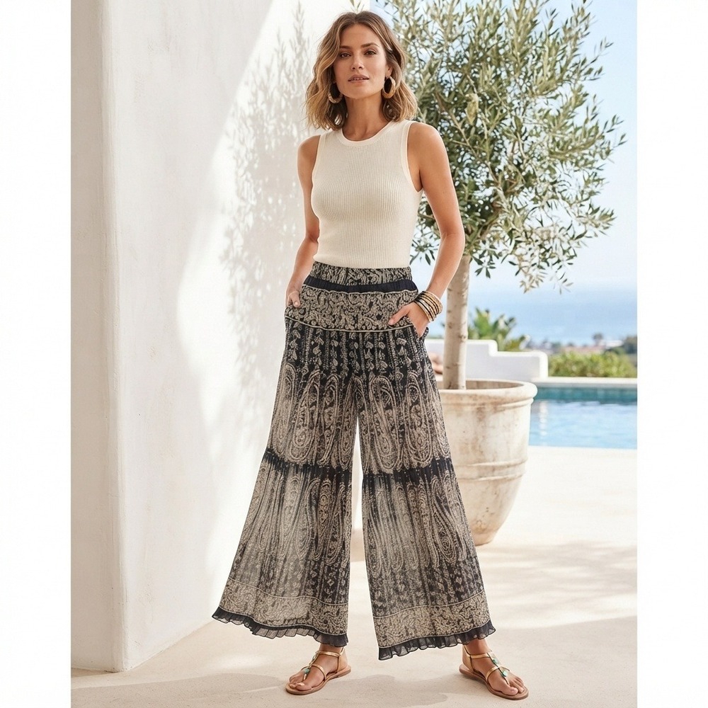 Vintage Donna Morgan for Maggy Wide Leg Pants Gauzy Navy Ivory White Boho 8ize 8
